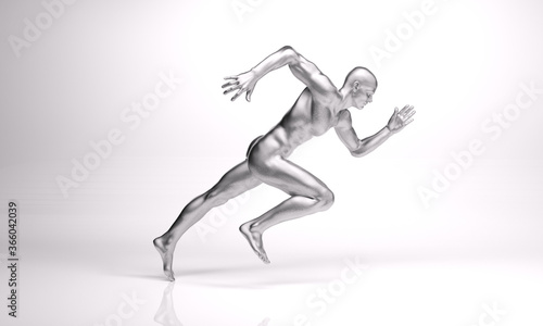 3D Rendering   a running male character with silver texture on the body
