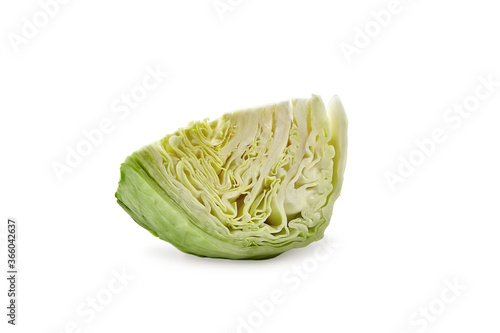 One cut off part of pale green cabbage isolated on white background. Smooth-leafed vegetable, ripe harvest. Close up, copy space © nazarovsergey
