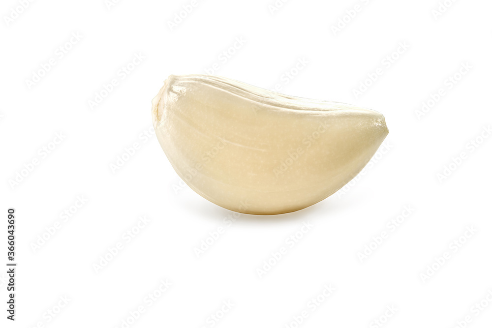 Raw peeled clove of garlic, isolated on white background. Vegetable, spice. Fresh ingredient, ripe summer harvest. Close up, copy space Raw peeled clove of garlic, isolated on white background. Vegetable, spice. Fresh ingredient, ripe summer harvest. Close up, copy space