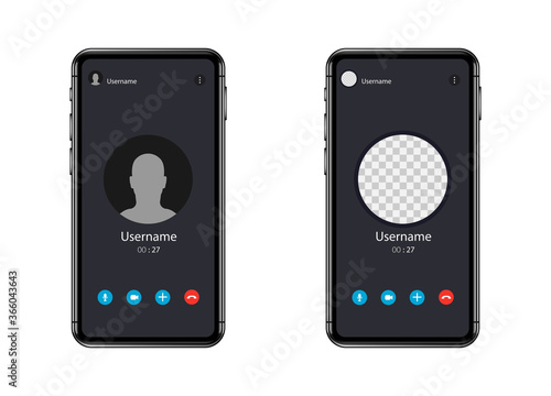 Video call screen illustration. Smartphone mockup. Video communication app interface. Two phones on a white background. Vector illustration.