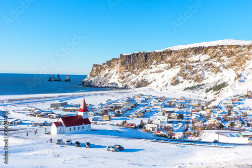 Aereal winter landscape view of Vik I Myrdal in Iceland.