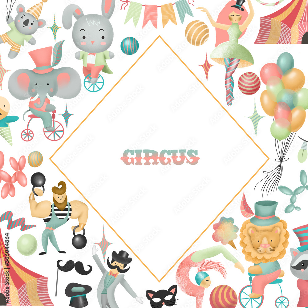 Rhombus frame, card template with hand drawn circus actors, animals and elements of circus or amusement park; kids birthday card design, baby shower or flyer for show Rhombus frame, card template with hand drawn circus actors, animals and elements of circus or amusement park; kids birthday card design, baby shower or flyer for show