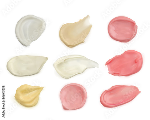Cosmetic smears of different shapes and colors isolated on a white background. Smears of cream of white, beige, pink, yellow. Vector Set.