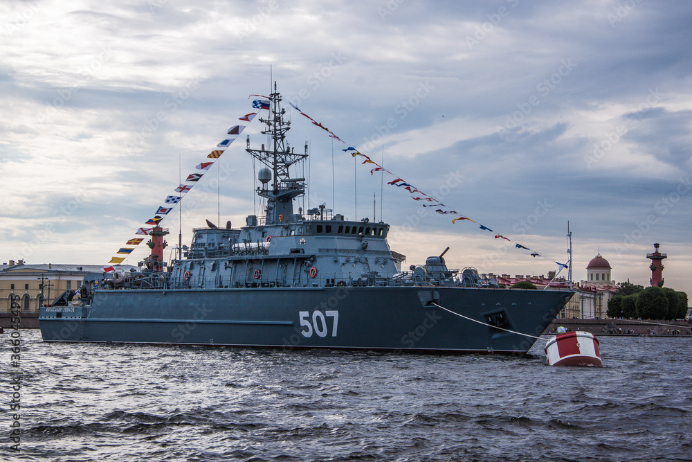 close-up military warship in the water area of the neva