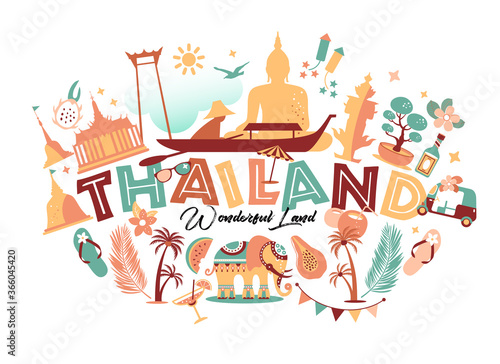 Collection of Thailand symbols with text. Vector poster. Postcard in trend color. Travel illustration. Web banner of travel with letters.