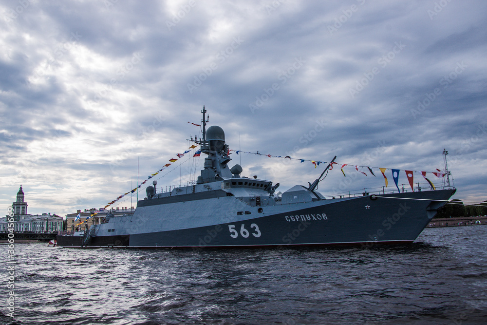 close-up military warship in the water area of the neva close-up military warship in the water area of the neva