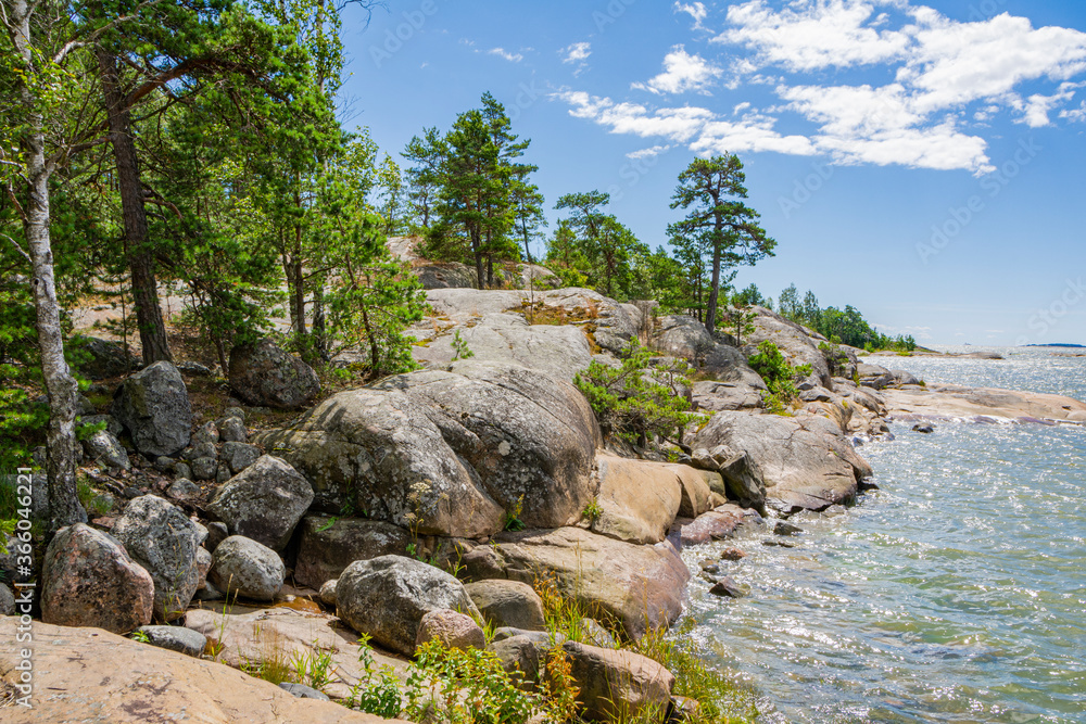 Rocky coastal view and Gulf of Finland, trees, shore and sea, Kopparnas-Storsvik recreation area, Finland