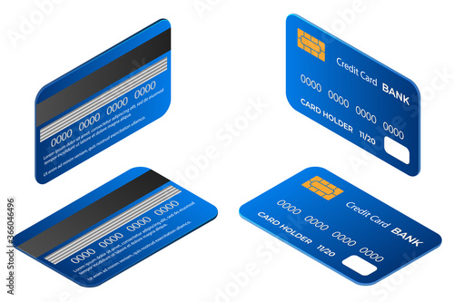 Isometric image of credit cards in different projections.You can use it for posters banners and design elements.Vector illustration.