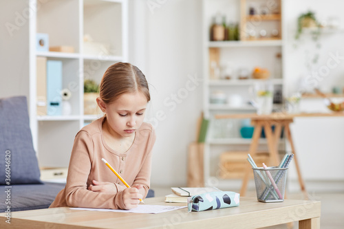 Portrait of cute girl doing homework for elementary school while studying at home in cozy interior, copy space