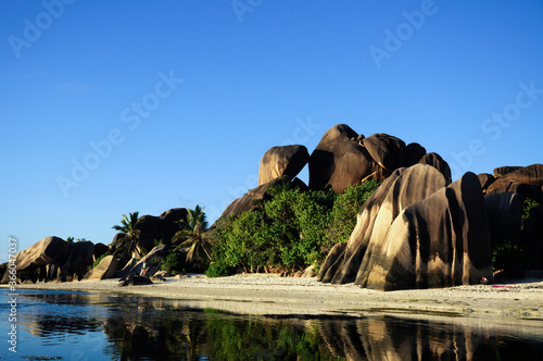 The Idyllic tropical and beautiful beach of Anse Source d'Argent in La Digue Island. Seychelles