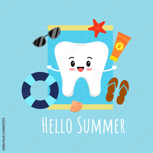 Cute tooth sunbathing on sun lounger with sunglasses sunscreen starfish lifebuoy shell slippers. Hello summer concept. Flat design cartoon style holiday smiling tooth character vector illustration.