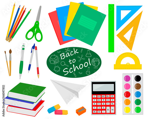 Set back to school vector illustration. Stationery items paint pencils notebooks paper plane scissors sharpened calculator books ruler