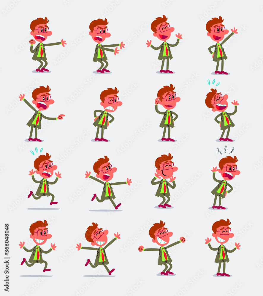 Cartoon character businessman in smart casual style. Set with different postures, attitudes and poses, doing different activities in isolated vector illustrations.
Cartoon character businessman in smart casual style. Set with different postures, attitudes and poses, doing different activities in isolated vector illustrations.