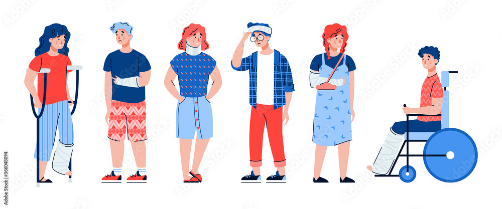 Set of cartoon characters of injured people men and women with various  kinds of trauma and body injuries, flat vector illustration isolated on  white background. Stock Vector | Adobe Stock