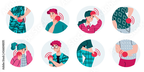People with acute pain syndrome touching painful body spots with red pulsating point - isolated medical vector illustration collection
