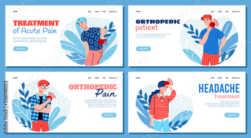 Acute orthopedic pain and headache treatment - medical banner set with sick cartoon people showing symptoms of health problem. Website template vector illustration.