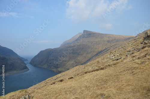 Amazing view in Faroe Islands  Denmark  Europe . Beautiful Panoramic Scene Of Nordic Islands