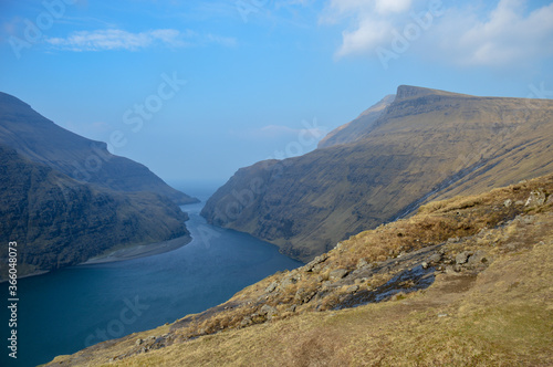 Amazing view in Faroe Islands  Denmark  Europe . Beautiful Panoramic Scene Of Nordic Islands