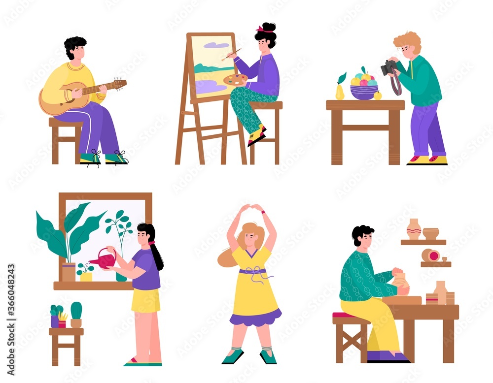 Set of people cartoon characters and their creative and artistic hobbies, flat vector illustration isolated on white background. Leisure activity and handcrafting.