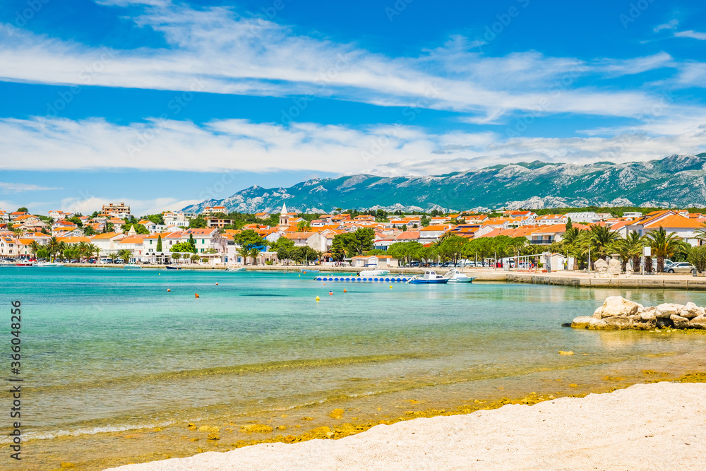 Adriatic sea shore in Croatia on Pag island, beautiful sand beach in town of Novalja