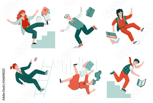 Safety and injury insurance icons set of falling people cartoon characters, flat vector illustration isolated on white background. Dangerous failure and accidents.