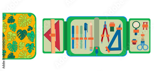Set of school accessories. Сartoon pencil case for school children. Closed and opened pencil box with essentials - pen, pencils, scissors. Vector illustration in flat style.