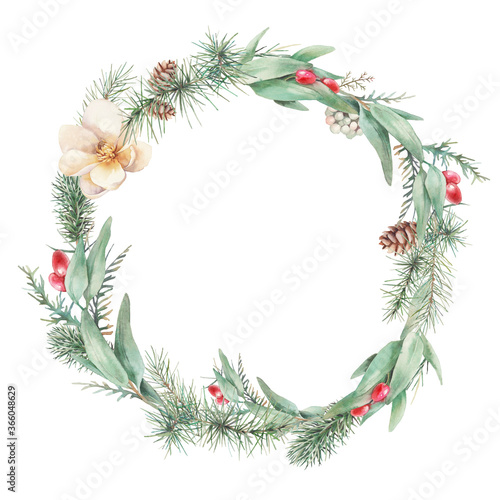 Watercolor Christmas tree wreath. Hand painted vintage round frame with branches, holly berries and leaves isolated on white background. Merry Christmas card