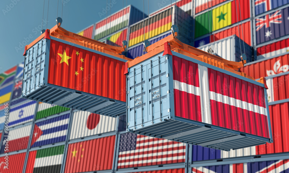 Freight containers with Denmark and China flag. 3D Rendering 