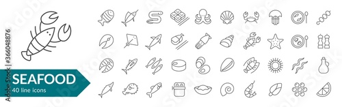 Seafood line icon set. Isolated signs on white background. Vector illustration. Collection