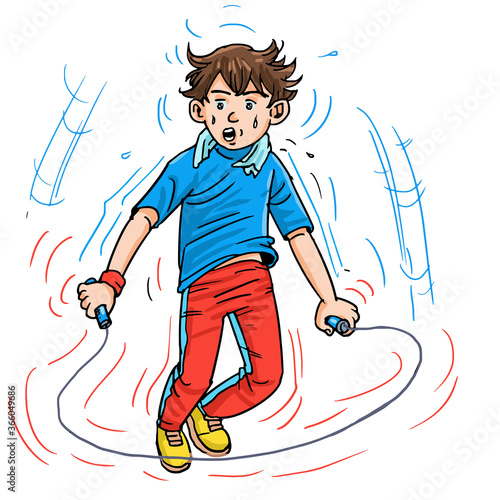 Cartoon the boy playing skipping rope