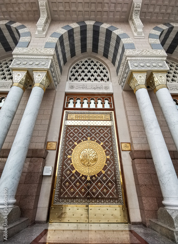 MADINAH, SAUDI ARABIA - January 20, 2020 : View of entrance door to the Prophet Muhammad Mosque or An- Nabawi mosque in Madinah.