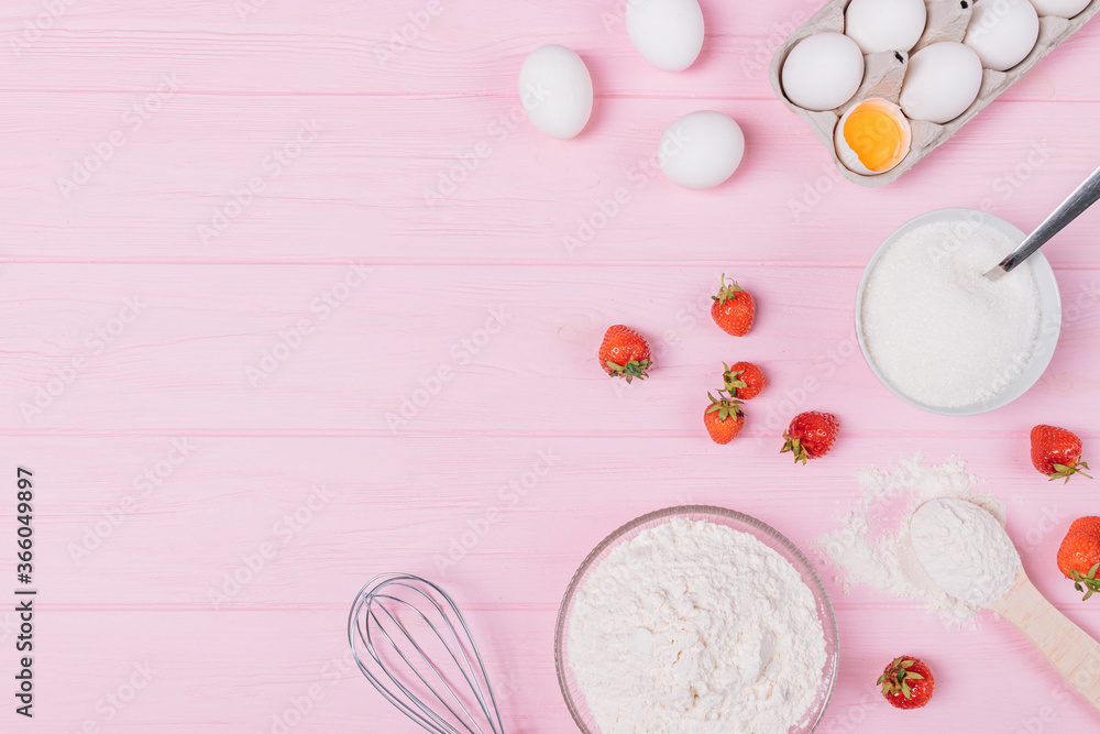 Top view of baking ingredients for making strawberry pie Top view of baking ingredients for making strawberry pie