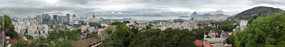 Rio de Janeiro, Brazil: 270 degrees panoramic view from the Ruins Park in Santa Teresa on a rainy and clouded day.