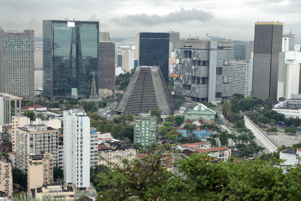 Obraz premium Rio de Janeiro, Brazil - August 20, 2018: view on the city centre and cathedral from ruins park in Santa Teresa