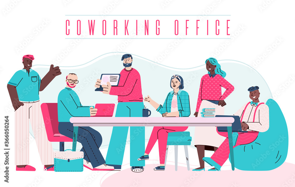 A horizontal banner with a team of people who meet and work at computers in the open space office. Creative people working together in a coworking center. Vector cartoon illustration. A horizontal banner with a team of people who meet and work at computers in the open space office. Creative people working together in a coworking center. Vector cartoon illustration.