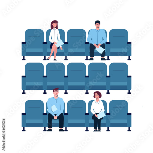 Social distance at a business seminar. People keep their distance, safe. Girls and men watch a presentation, participate in a scientific conference. Protection from viruses. Vector flat character.