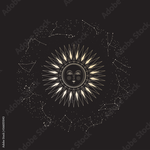 Sun and zodiac constellations. Vintage illustration. Astrological zodiac signs