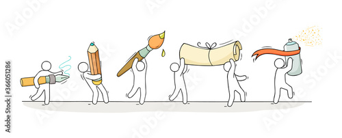 Office supplies set with working little people.