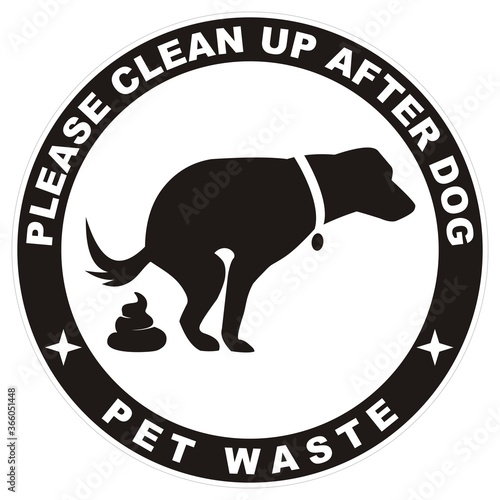 Clean up after your dog, black silhouette of dog with excrement at circle black frame at white background, vector illustration