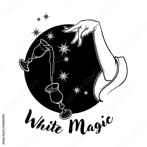 White Magic. Hand performing magical gestures and levitating glasses. Black and white drawing isolated on black background. EPS10 vector illustration.