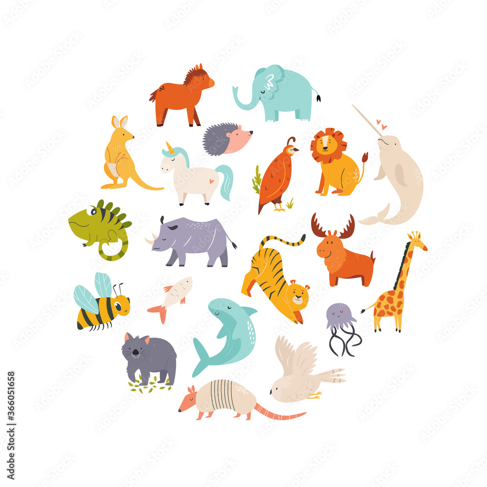 Fototapeta Big set of cute funny animals. Abstract design with wild characters for children.