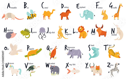 Colorful alphabet with cute funny animals. English letters.