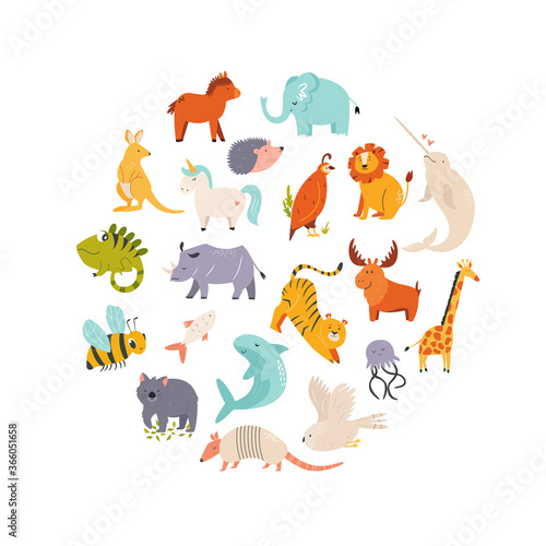 Big set of cute funny animals. Abstract design with wild characters for children.