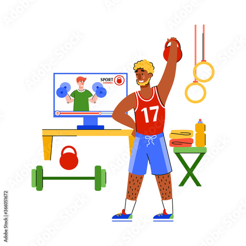 Self care and keeping body healthy at home concept with man cartoon character does gym exercises staying home, flat vector illustration isolated on white background.