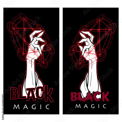 Black Magic. Hand performing magical gestures inside the Kabbalah symbol. 3 colors drawing isolated on black background. EPS10 vector illustration.