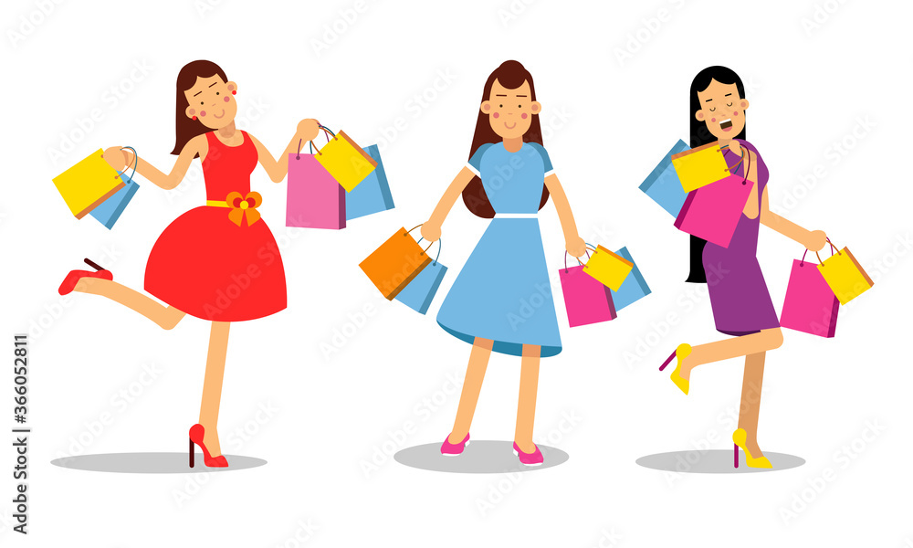 Woman Characters Carrying Bright Shopping Bags Vector Illustration Set