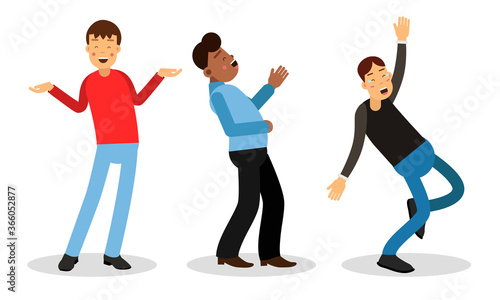 Man Characters Laughing Loudly and Waving Hand Vector Illustration Set