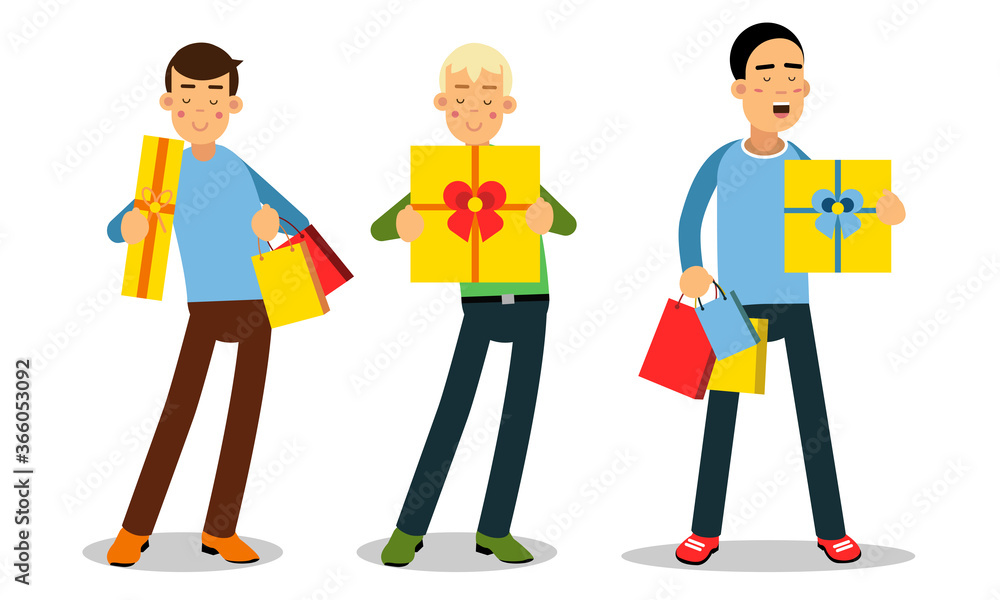 Man Character Carrying Bright Shopping Bags and Gift Boxes Vector Illustration Set Man Character Carrying Bright Shopping Bags and Gift Boxes Vector Illustration Set