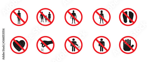 A set of prohibition signs. Silhouettes of people in red forbidding circles. Littering is prohibited. Walking prohibited
