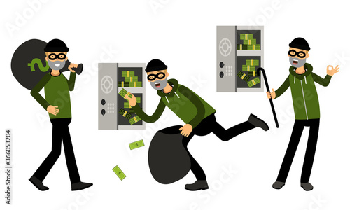 Smirking Male Burglar or Robber in Black Mask Stealing Money from Cash Box Vector Illustration Set